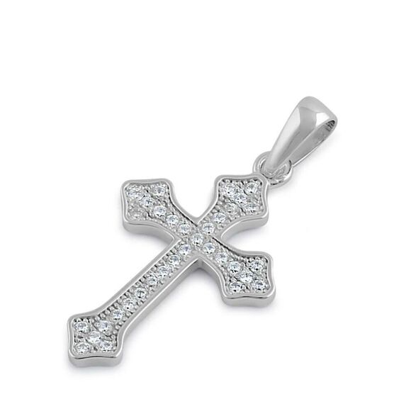 Sterling Silver Rustic Cross Clear CZ Necklace Pendant - Picture 1 of 4
